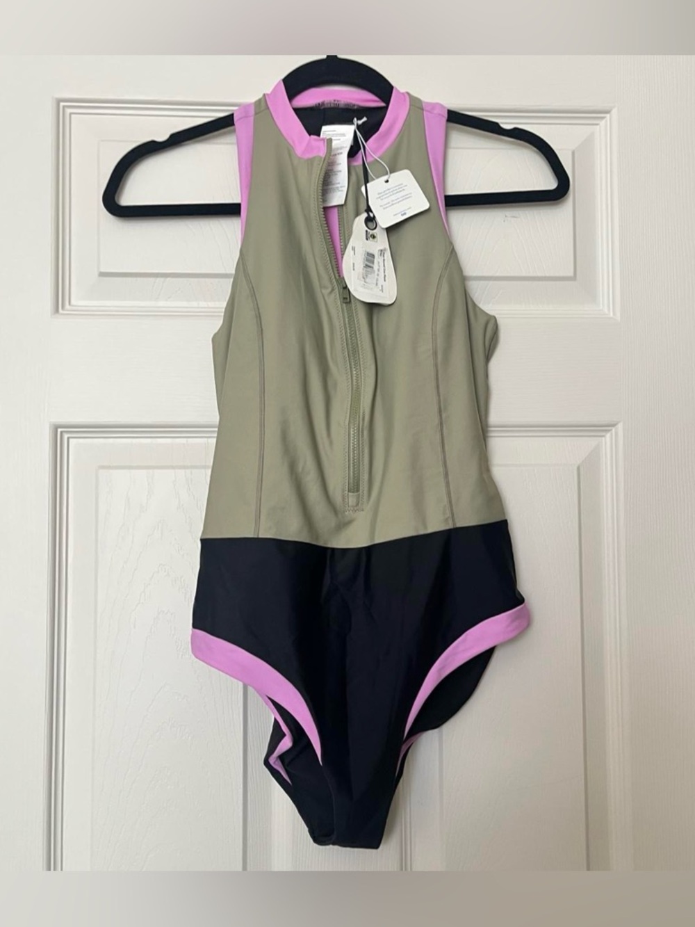 New with tags: Prana Green Black & Lilac Front-Zip One-Piece Swimsuit